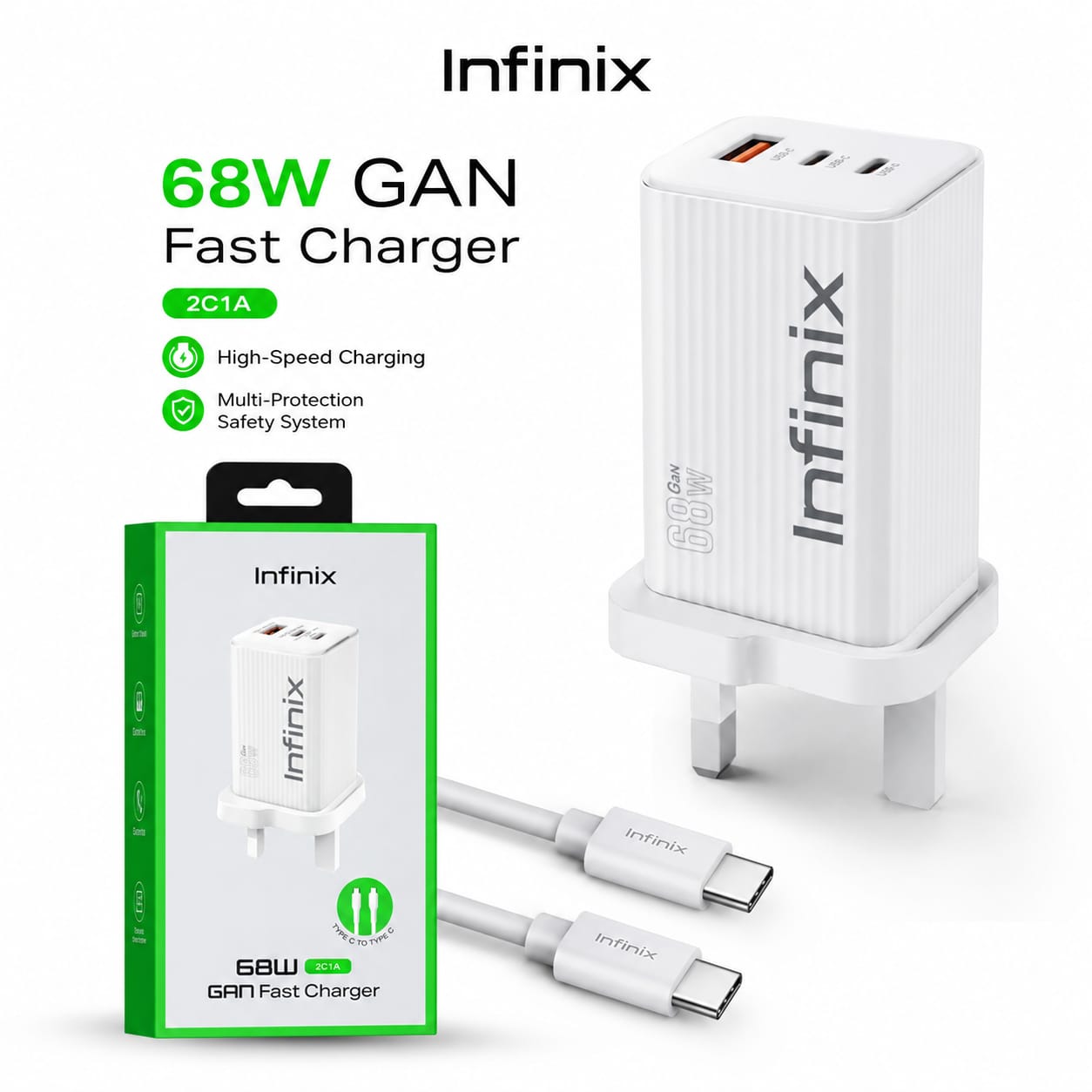 Infinix XDC95 68W GaN Fast Charger with C-C Cable | 3-Port PD Fast Charging Adapter for Phones, Tablets & Laptops
