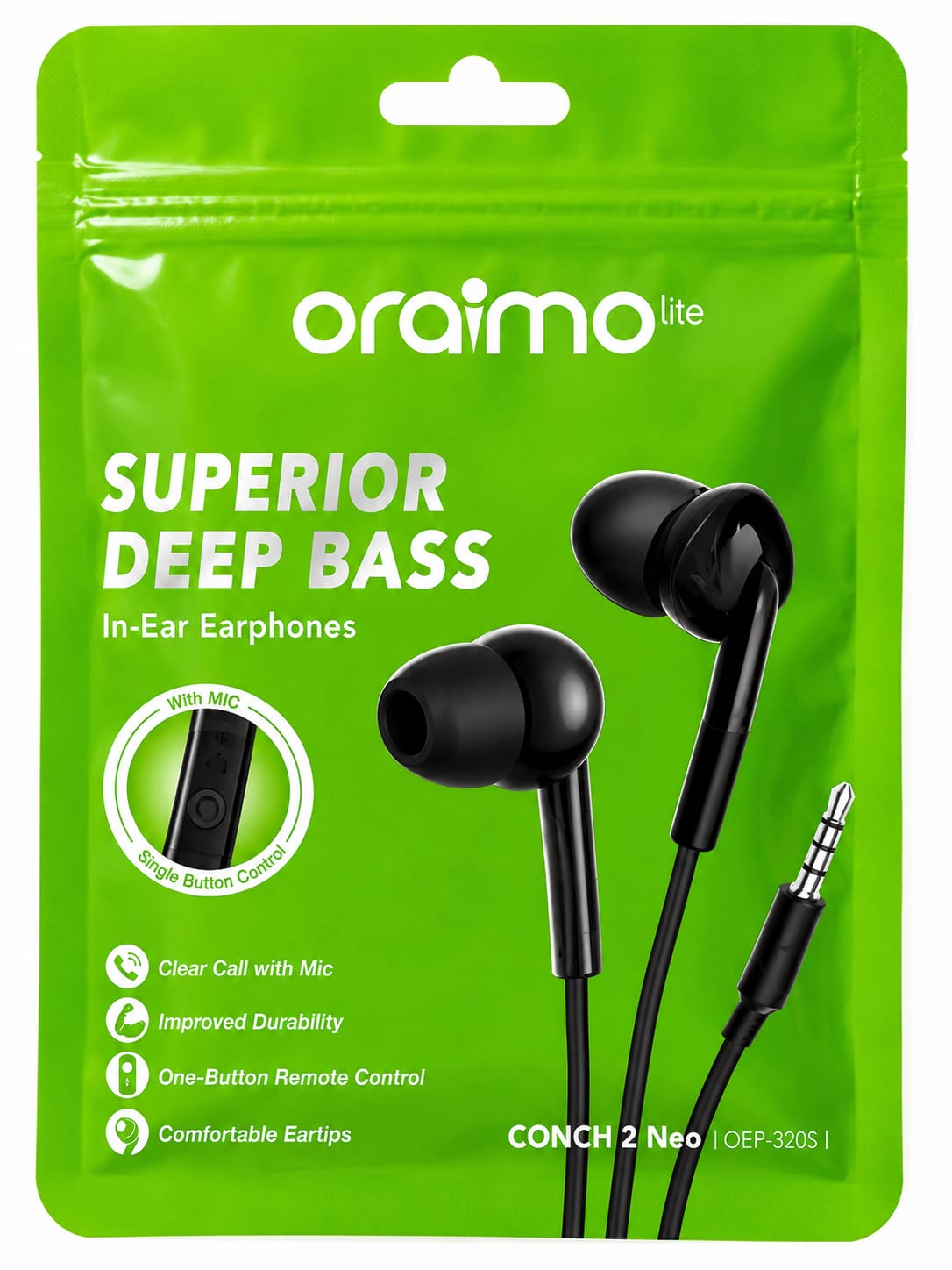 Oraimo Conch 2 Neo OEP-320S in-ear earphones with superior deep bass, clear sound and comfortable fit. Perfect for music, calls, gaming and everyday use with 3.5mm audio devices.