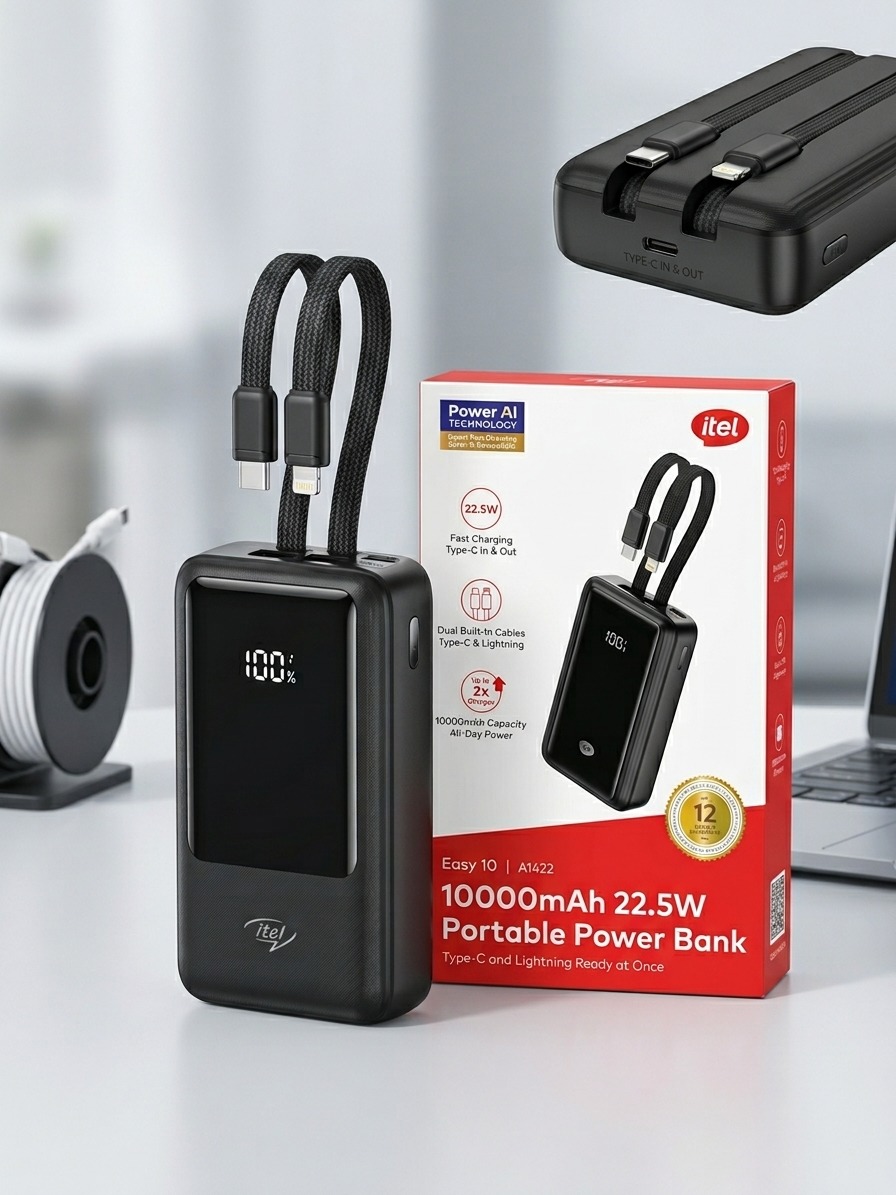 itel A1422 10000mAh Power Bank 22.5W Fast Charging Portable Charger 3.7V 37Wh Dual Output Type-C USB Quick Charge Safe Battery Pack